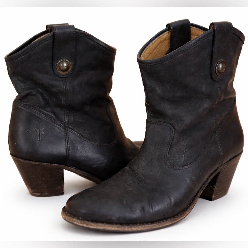 Frye Black Leather Western‎ Ankle Boots Stacked Heel Boho Festival